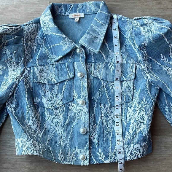 Vici Denim Lace Puff Sleeve Cropped Jacket 80’s inspired coquette size M - Picture 7 of 10